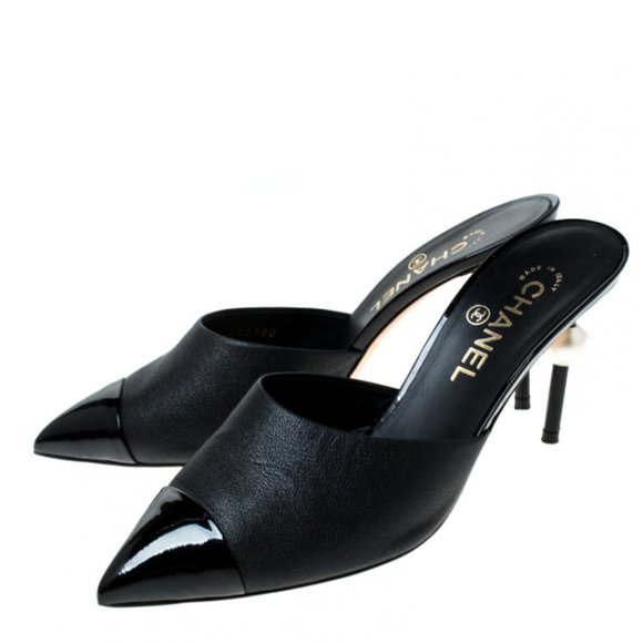 CHANEL Shoes - Chanel Black Leather & Patent Pearl Heel M…